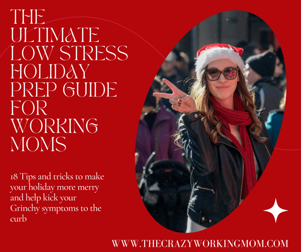 Mom giving peace sign while wearing a Santa hat in front of a crowd with The Ultimate Low Stress Holiday Prep Guide for Working Moms overlay