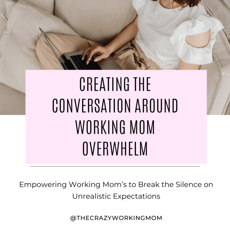 Woman on a couch typing on a computer with a graphic that reads "Creating the conversation around working mom overwhelm