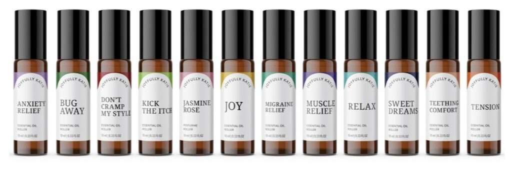 Essential oil rollers for different uses by Joyfully Katie on the list of work from home gifts. 